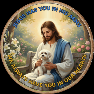 Dog memorial photo composited into In the Arms of Jesus wood slice scene