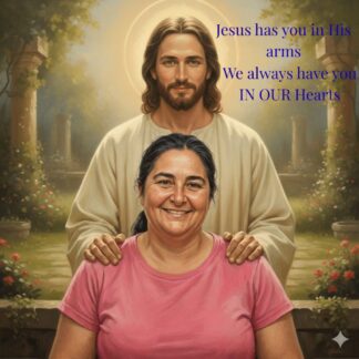 Mother memorial photo composited into a digital In the Arms of Jesus portrait