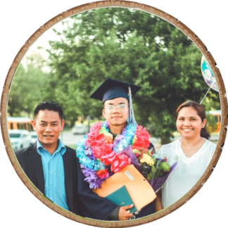 Present for a graduate family photo on wood slice