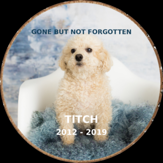 Dog memorial photo hand-cut into a rustic wood slice keepsake