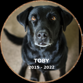 Dog memorial photo hand-cut into a rustic wood slice keepsake
