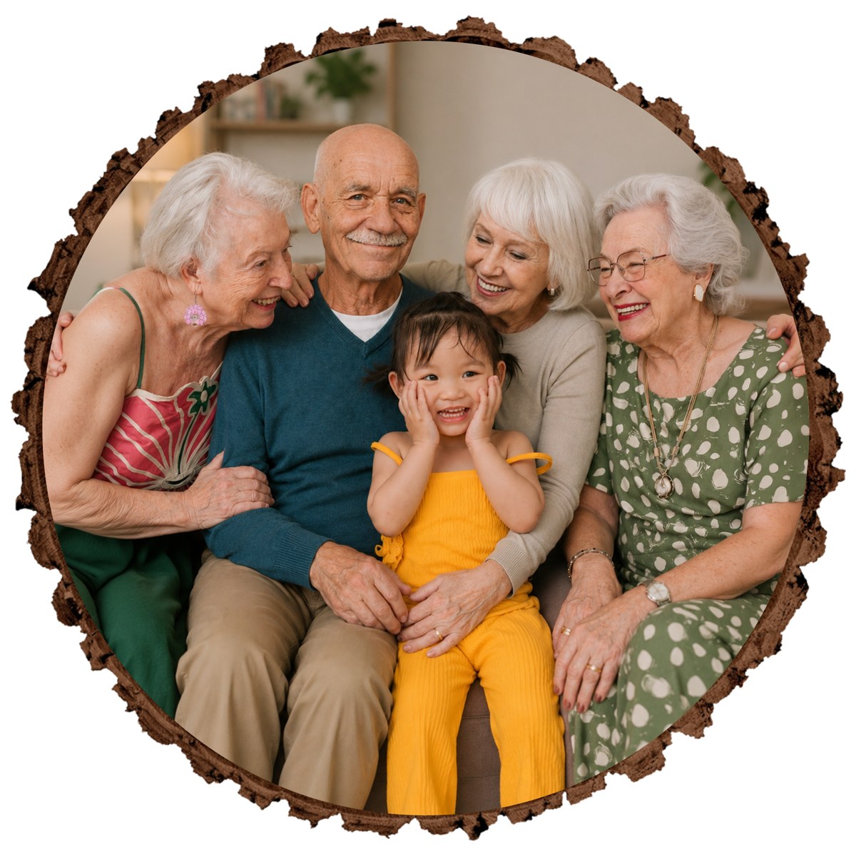Family photo with a loved one added printed on a natural wood slice with bark edge