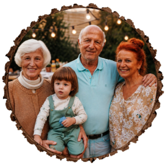 Family photo with a deceased loved one added printed on a natural wood slice with bark edge