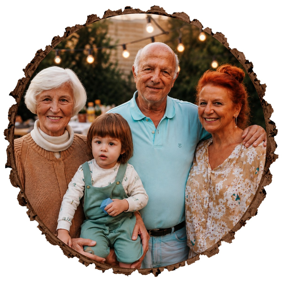 Family photo with a deceased loved one added printed on a natural wood slice with bark edge